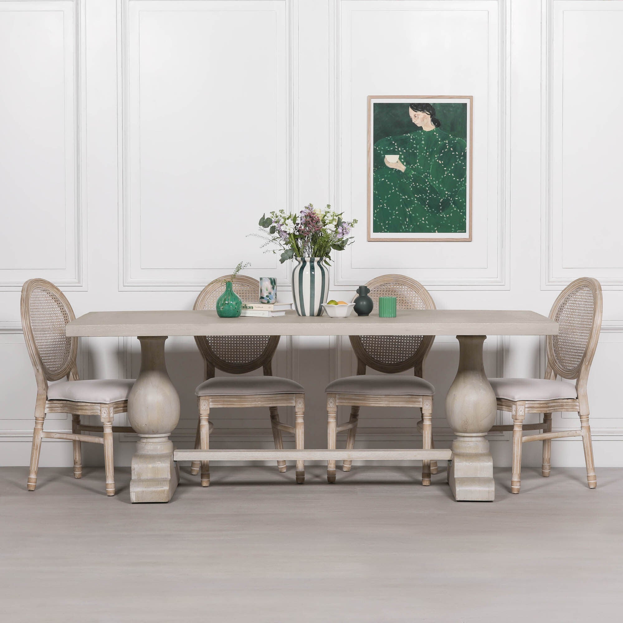 Camille Large Rectangular Dining Table 210cm for 8–10 in Bleached Mango Wood styled with upholstered dining chairs and decorative accessories, showcasing the spacious solid mango wood tabletop, double pedestal trestle base and timeless design for elegant family dining rooms and luxury interiors.