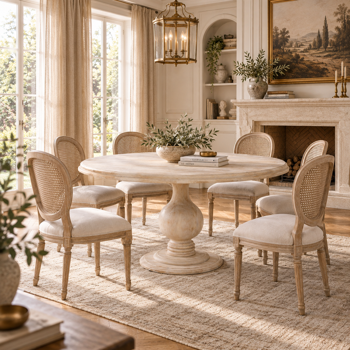 Round bleached mango wood dining table with pedestal base in a bright dining room with cane chairs, fireplace and windows.