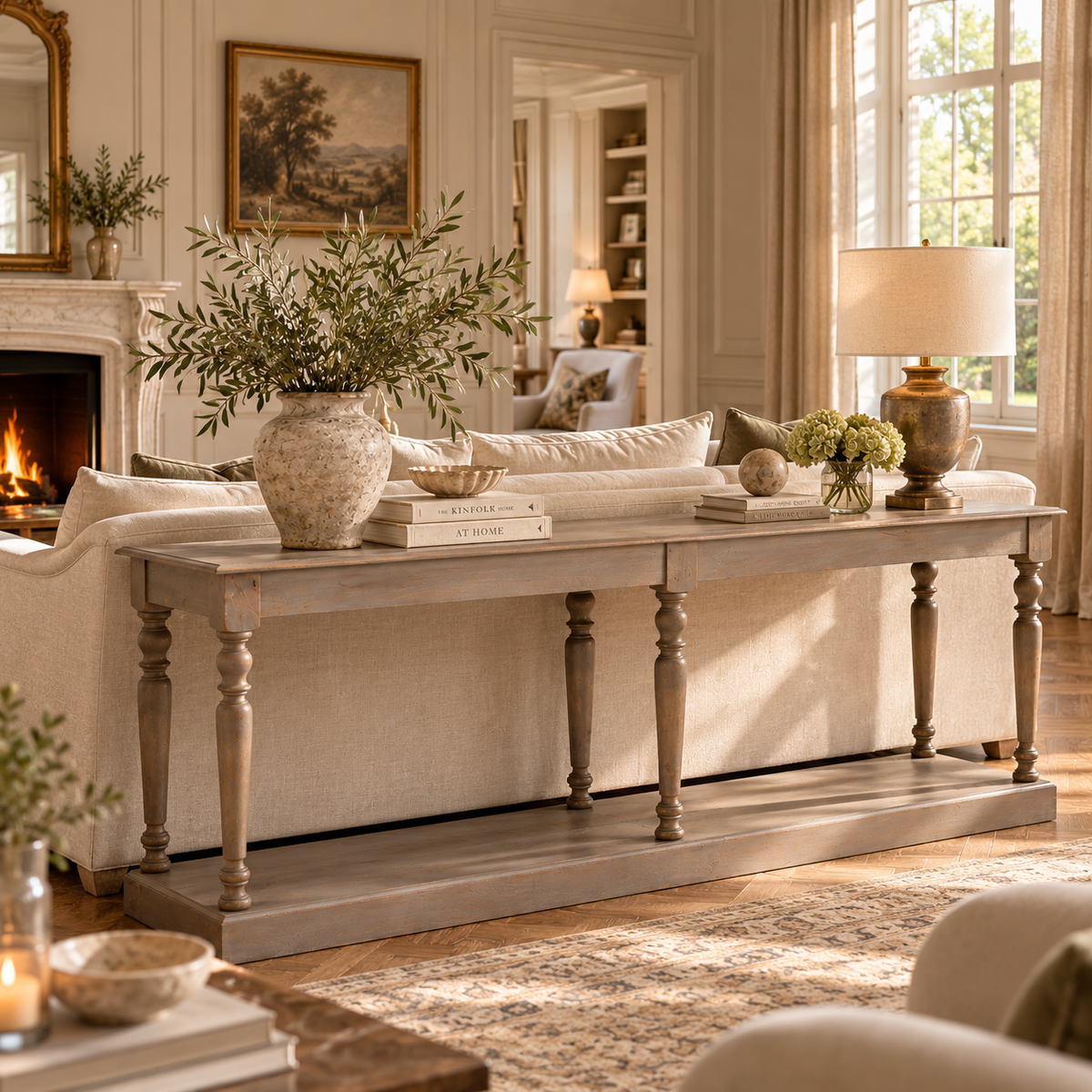 Camille rustic wooden console table with six column legs behind a cream sofa in a warm sunlit living room