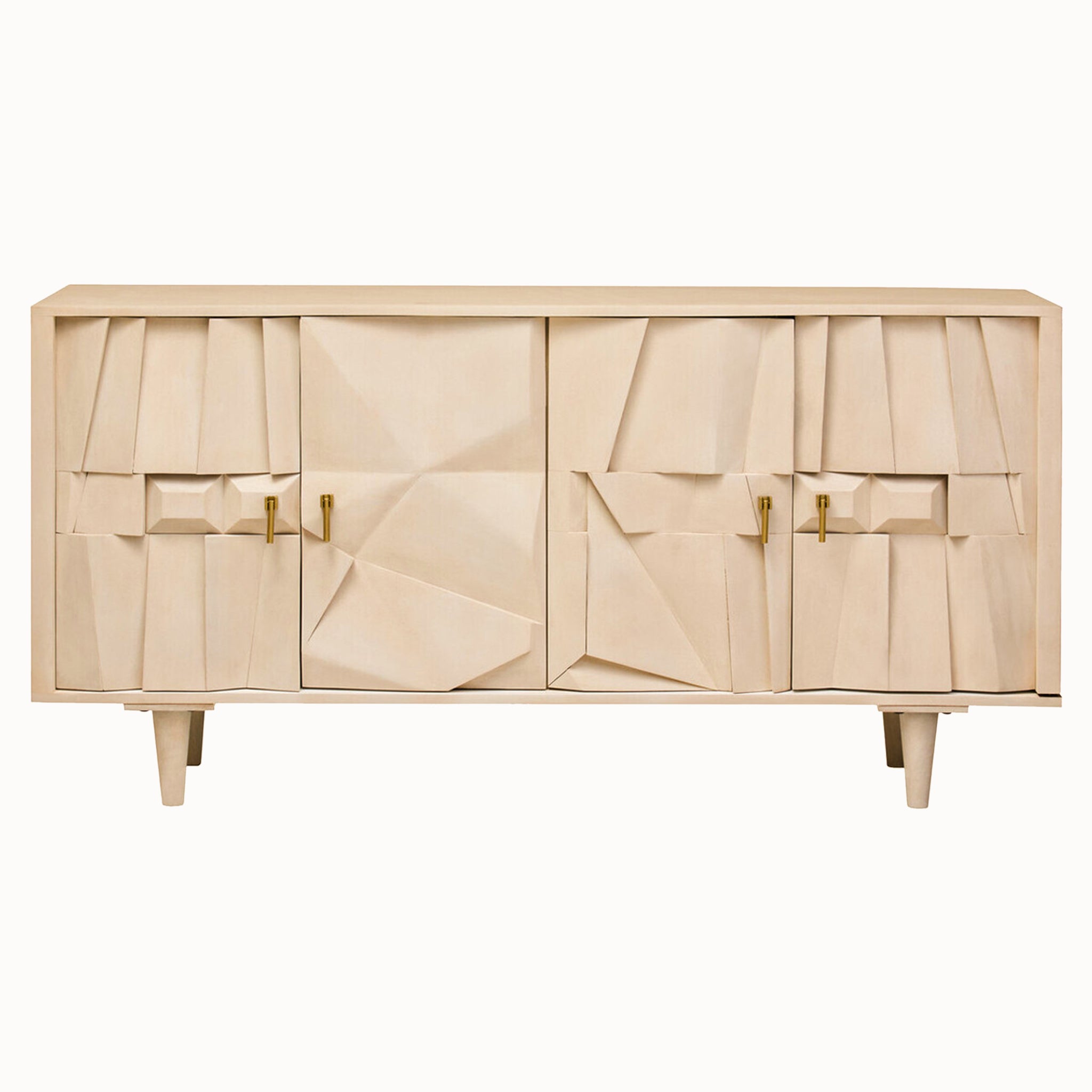 Front view of the Camille Sideboard – Four Door Mango Wood, Whitewashed Finish featuring sculptural geometric door fronts, brass handles and modern living room storage.