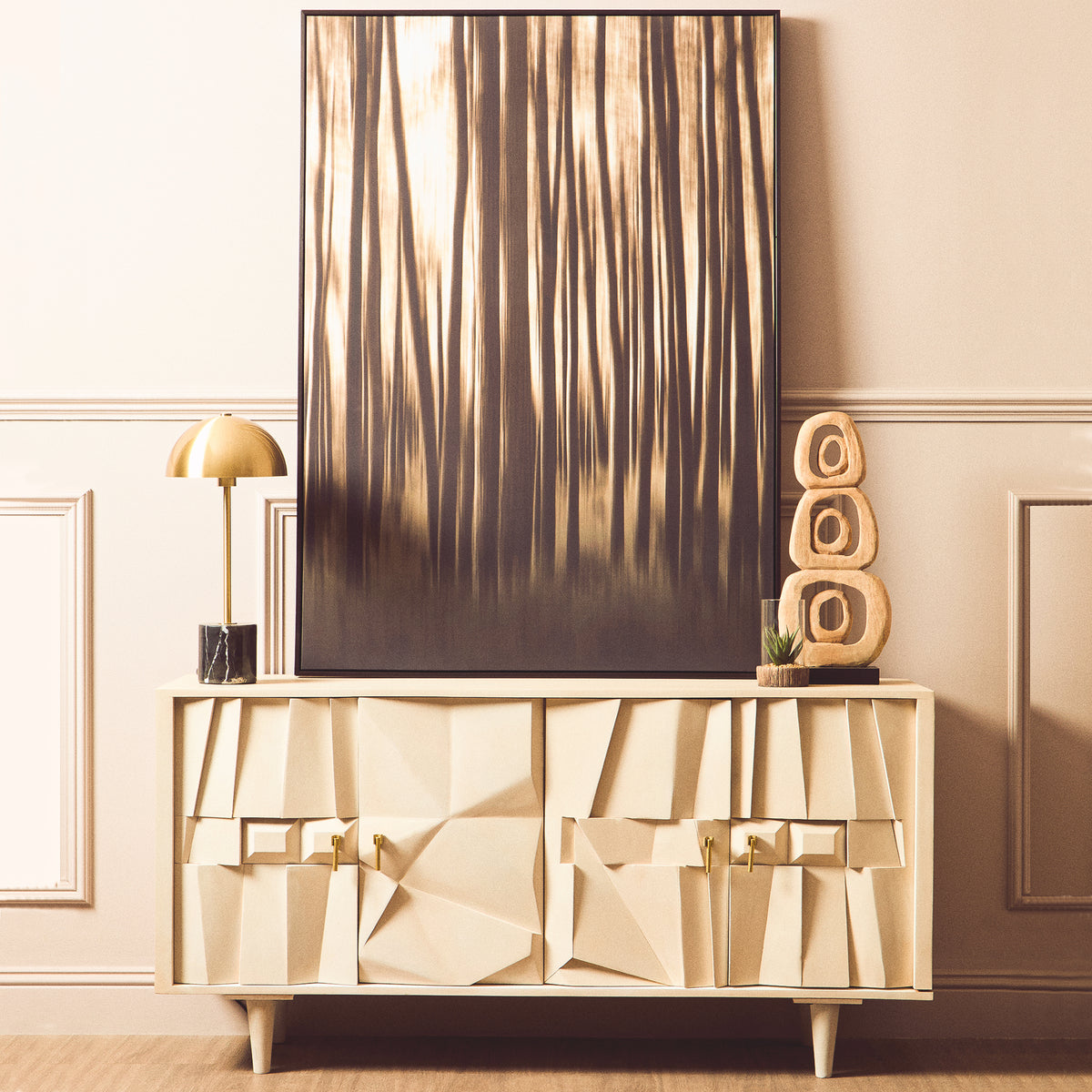 Camille Sideboard – Four Door Mango Wood, Whitewashed Finish styled in a contemporary living room with abstract artwork, decorative accessories and brass table lamp, modern luxury storage cabinet.