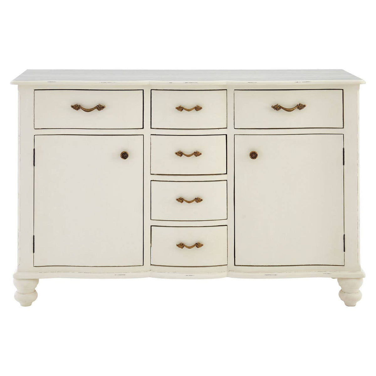 Camille White Baroque Six Drawer Sideboard shown from the front, featuring six drawers, two cupboard doors, elegant white painted finish, antique brass handles and classic French-inspired storage cabinet styling.