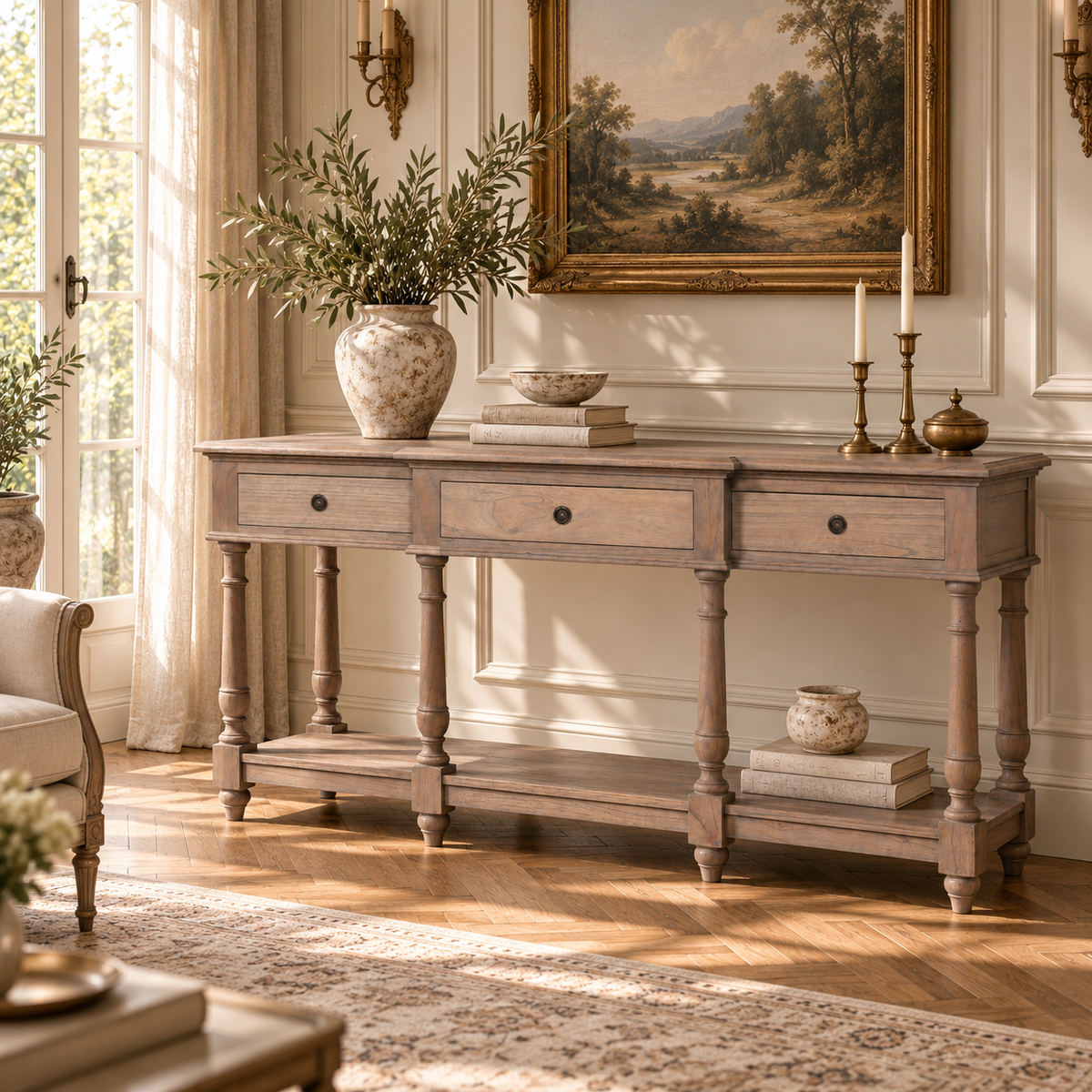 Camille white cedar console table with 3 drawers in a bright French-style room with vase, candles and framed landscape.