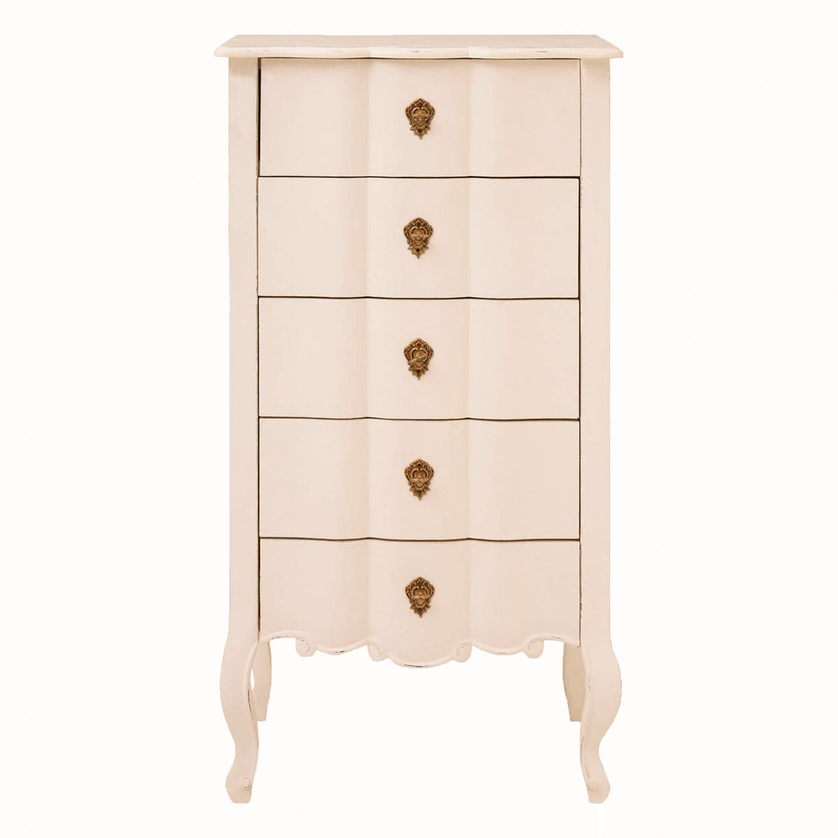 Camille five drawer chest of drawers in a soft white finish, featuring gently shaped drawer fronts, ornate antique brass handles, decorative lower detailing and elegant curved legs.