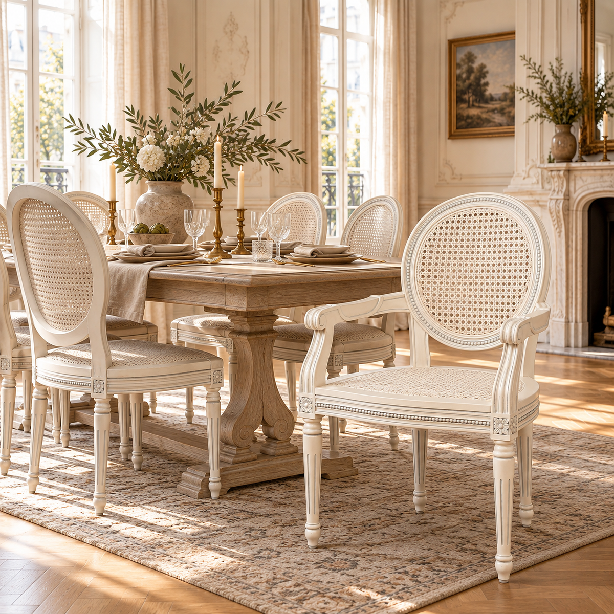 Céleste off-white French rattan dining armchair in mahogany, styled around a table in a sunlit chateau dining room