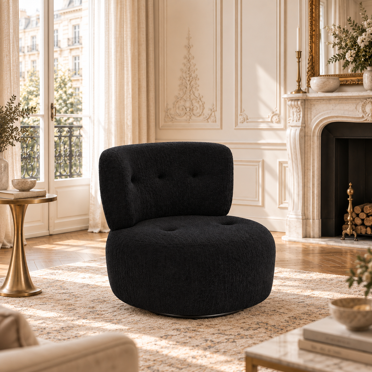 Célestin black textured curved swivel lounge chair in an elegant living room with fireplace, rug and tall windows.