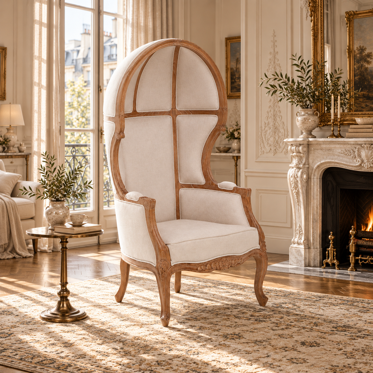 Colette cream canopy back accent chair with carved wood frame in an elegant French living room with fireplace and windows