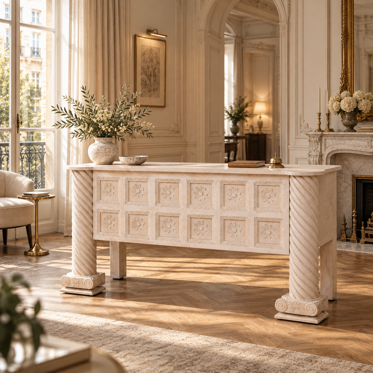 Delphine mango wood reception desk with carved front and storage in a bright room with mirror, parquet floor and tall window.