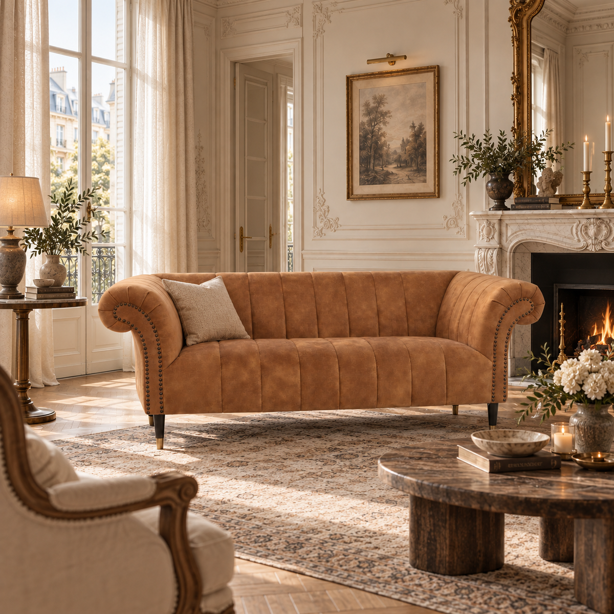 Elara gold velvet two seat sofa with nailhead trim in a sunlit Parisian living room with fireplace and cream walls.
