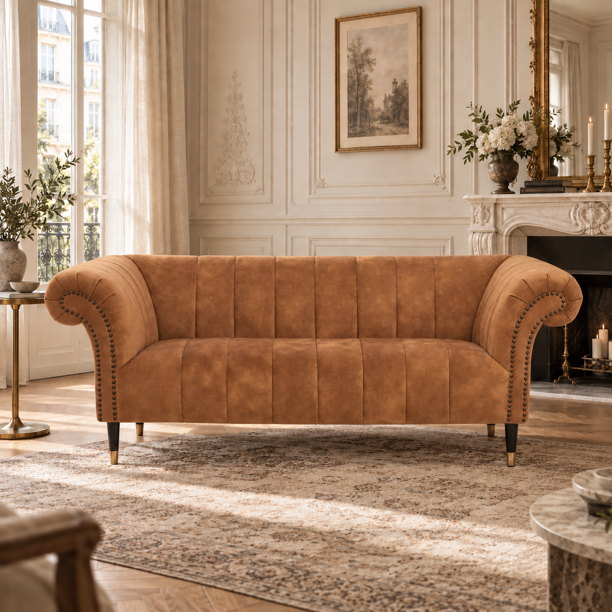 Elara gold velvet two seat sofa with rolled arms and channel tufting in an elegant cream Parisian living room.