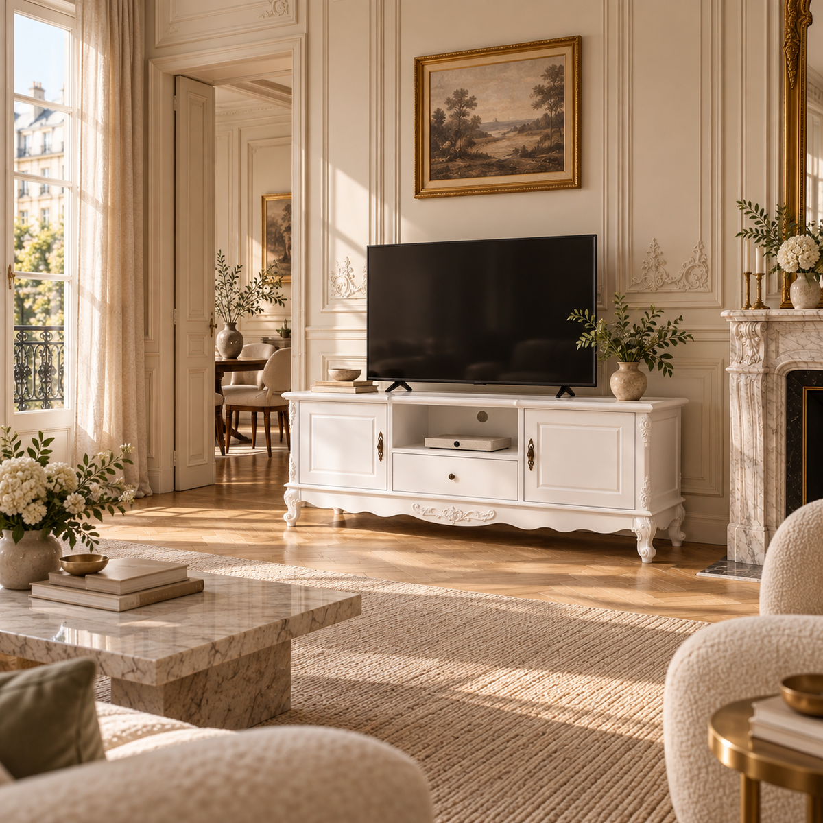 Éloise French white TV cabinet with hand-carved detailing, styled beside a marble fireplace in a bright living room