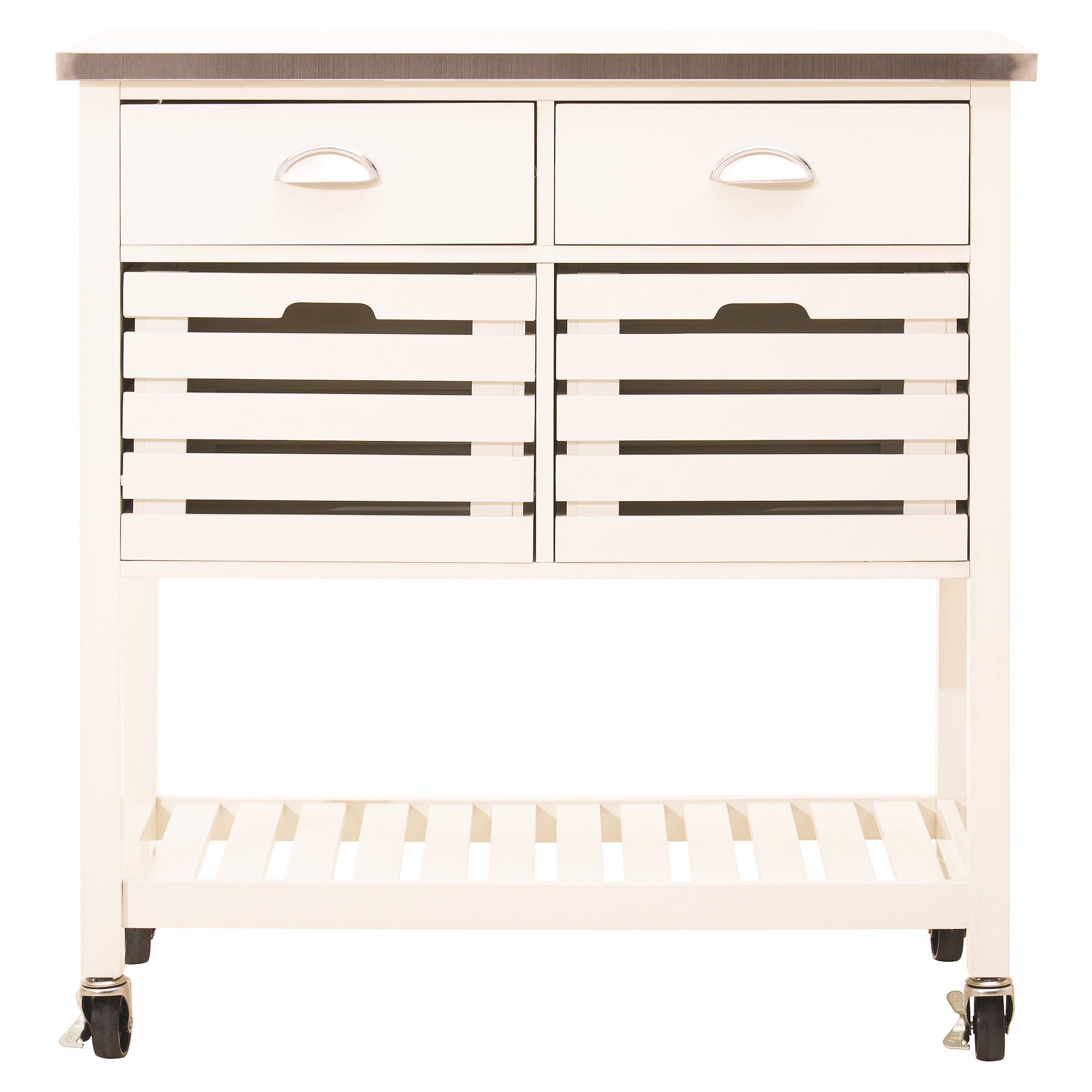 Front view of the Étienne Cream Kitchen Trolley with Stainless Steel Top & Storage Baskets, featuring two storage drawers, two slatted pull-out baskets, lower shelf and castor wheels for versatile kitchen storage.