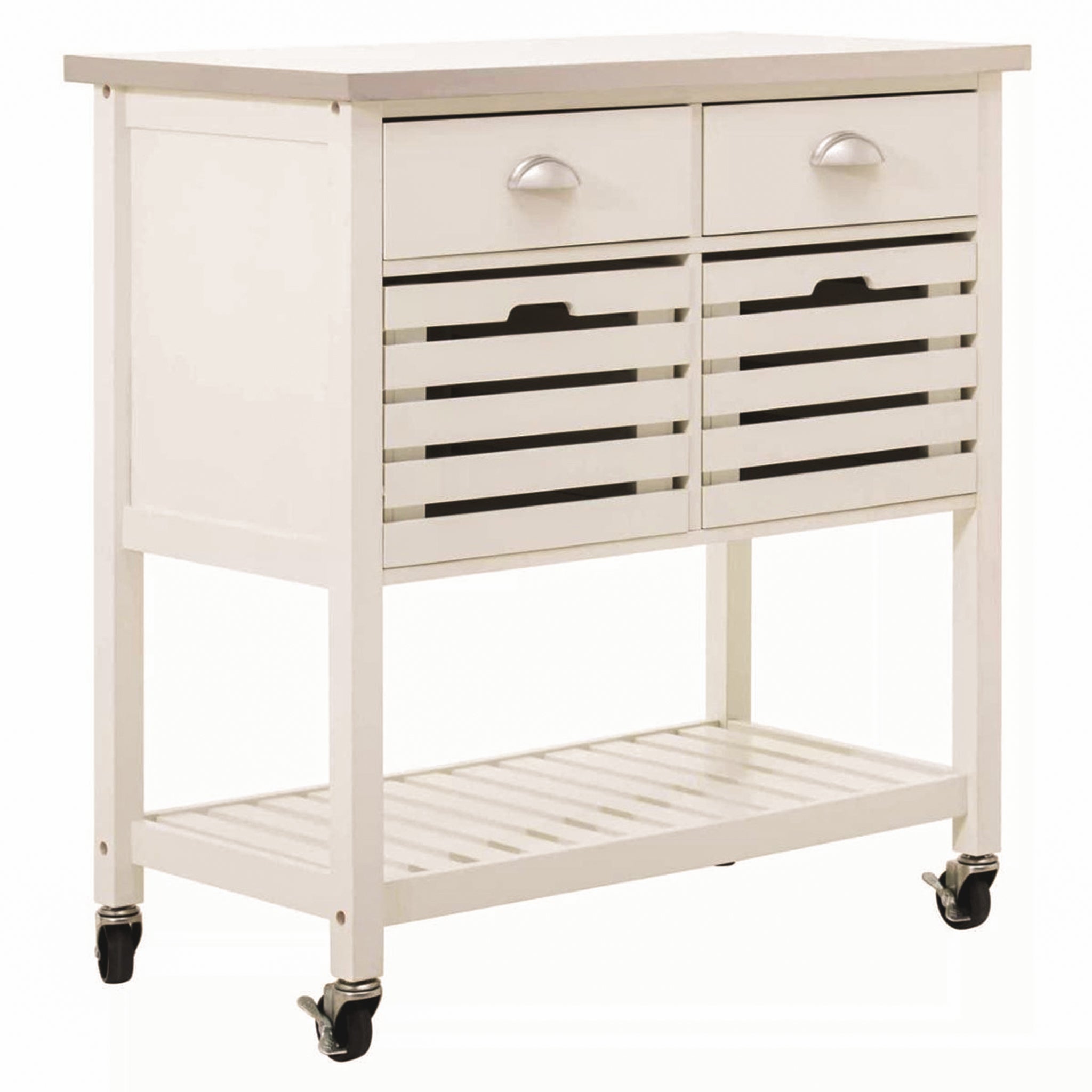 Angled view of the Étienne Cream Kitchen Trolley with stainless steel top, two drawers, slatted storage baskets, open lower shelf and castor wheels, creating a practical mobile kitchen storage cart.