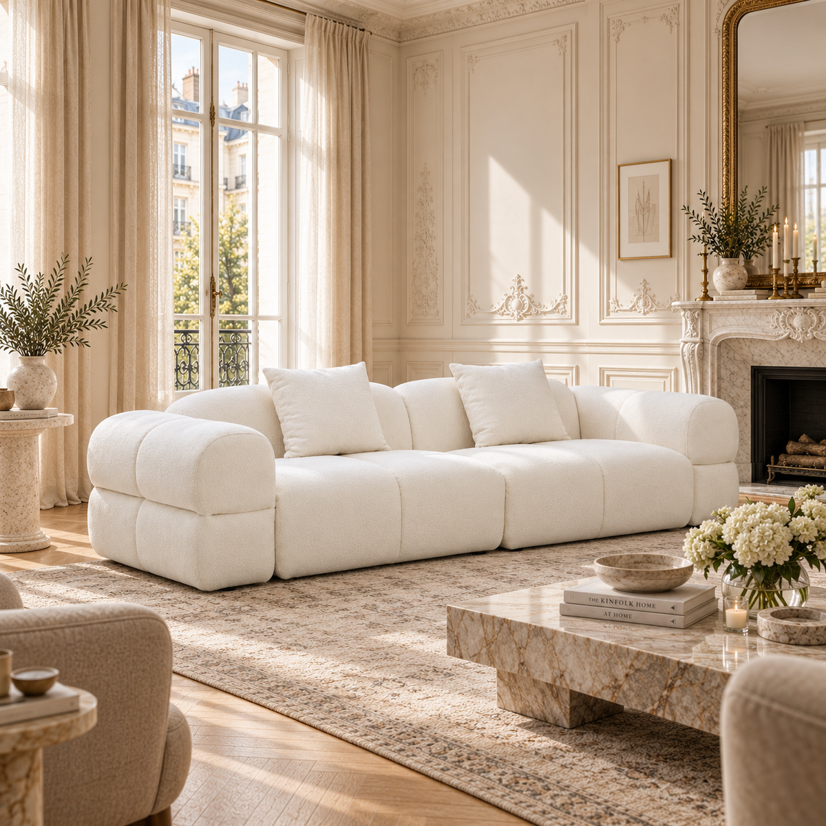 Éveline large cream textured fabric 3 seater sofa in a Parisian salon with marble table, fireplace and tall windows.
