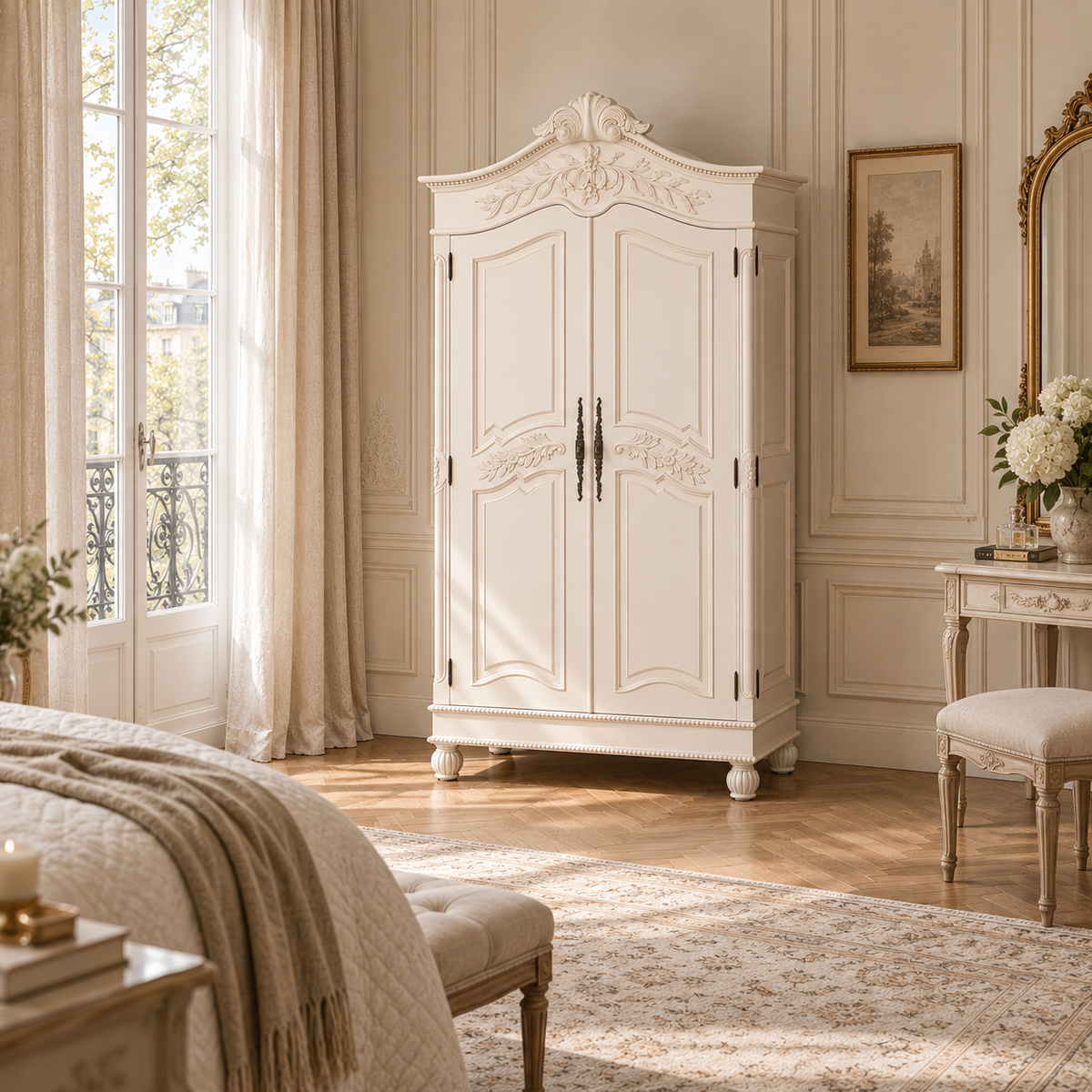 Hand-carved white French double door armoire wardrobe in a sunlit bedroom with parquet floor and ornate gold mirror.