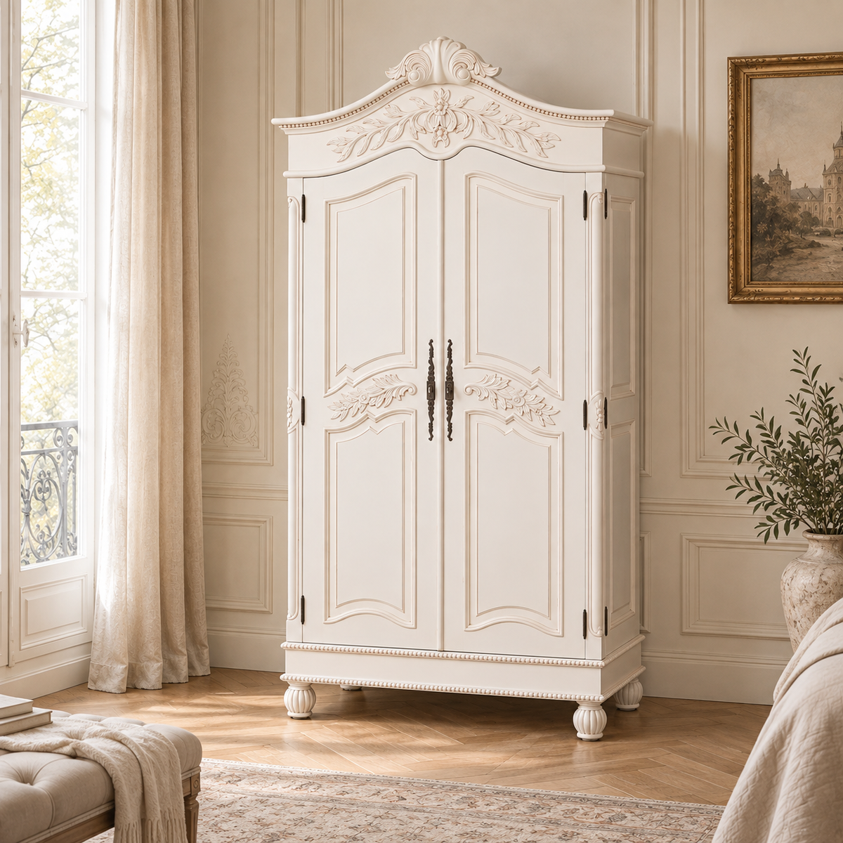 Geneviève white mahogany French armoire wardrobe with hand-carved double doors in a warm panelled bedroom.