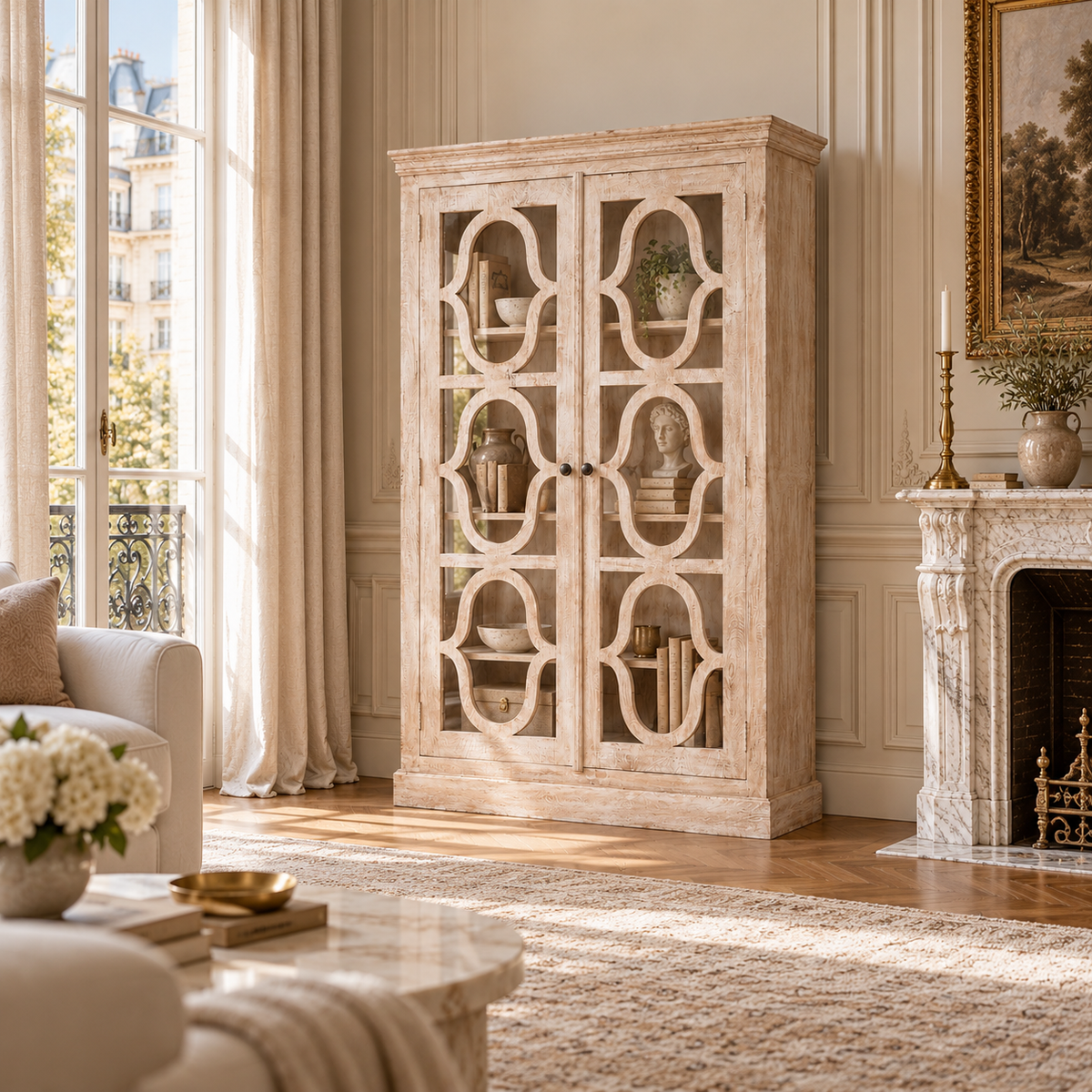 Henri mango wood display cabinet with ornate 2-door design in a bright room with marble fireplace, rug and sheer curtains.