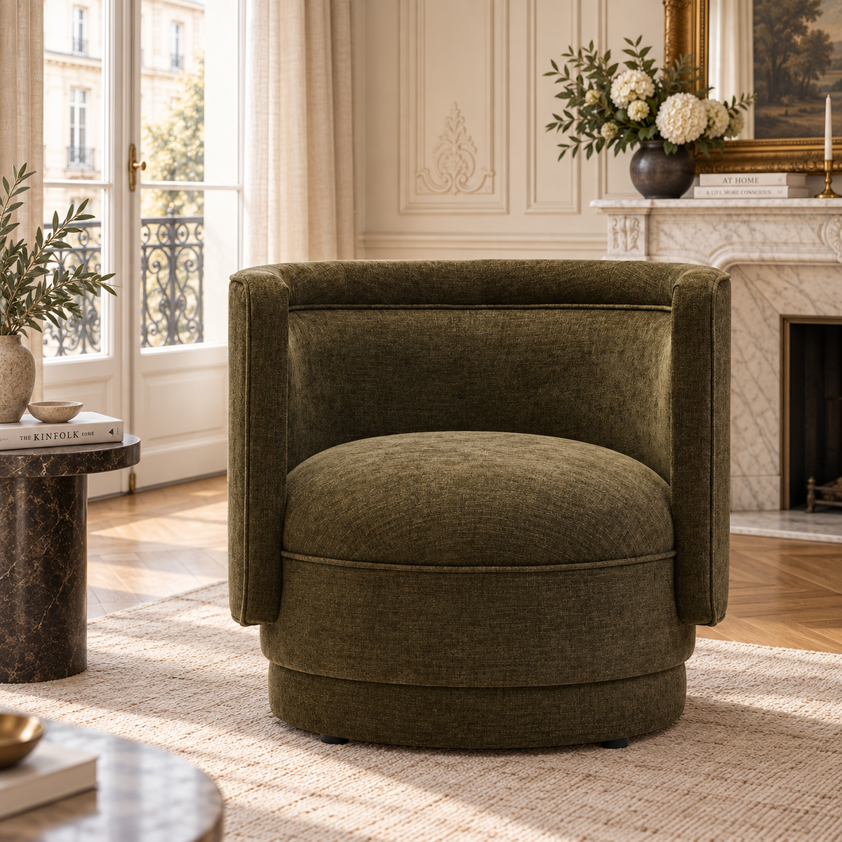 Apolline 84cm Forest Green Chenille Effect Curved Armchair with Piped Detail