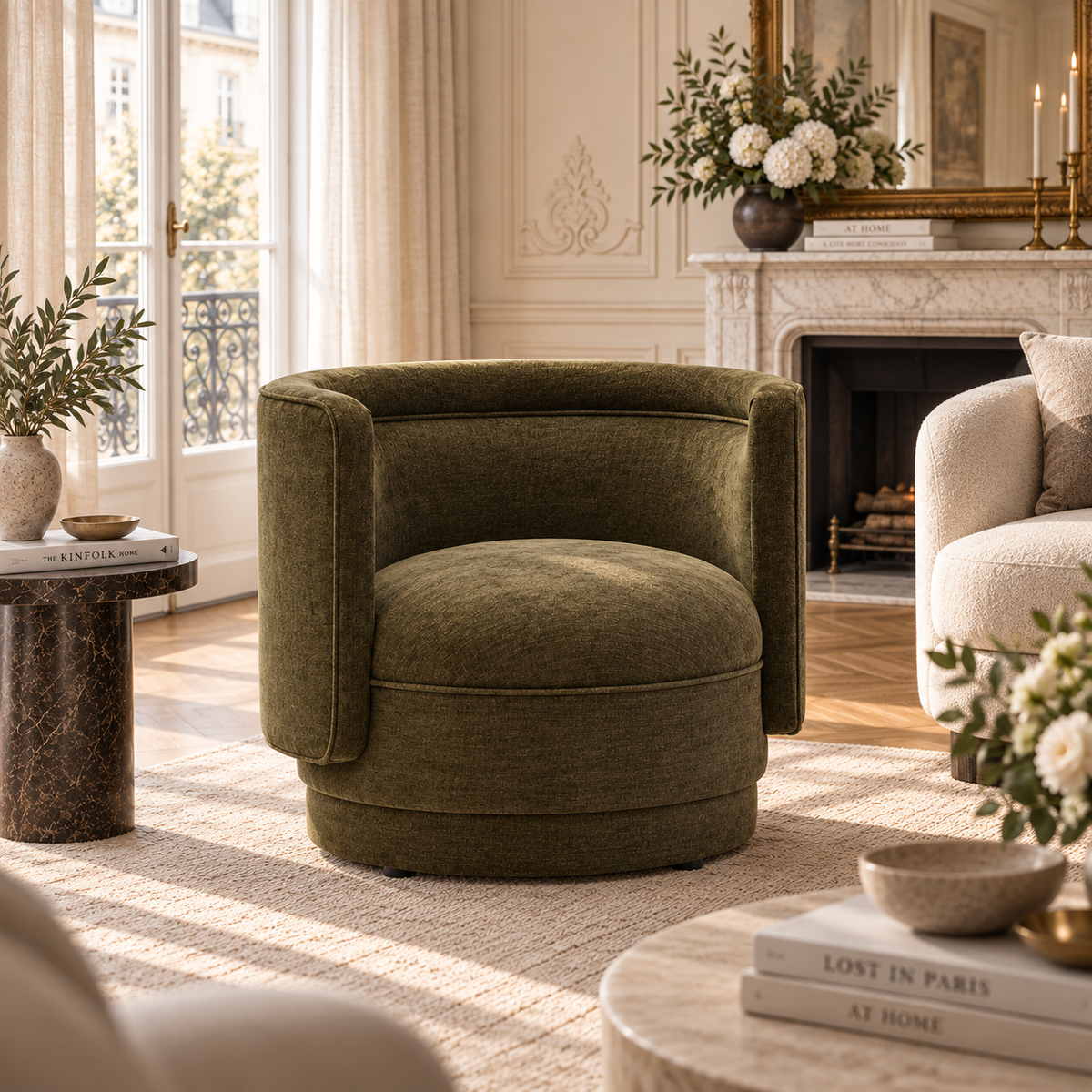 Apolline 84cm Forest Green Chenille Effect Curved Armchair with Piped Detail