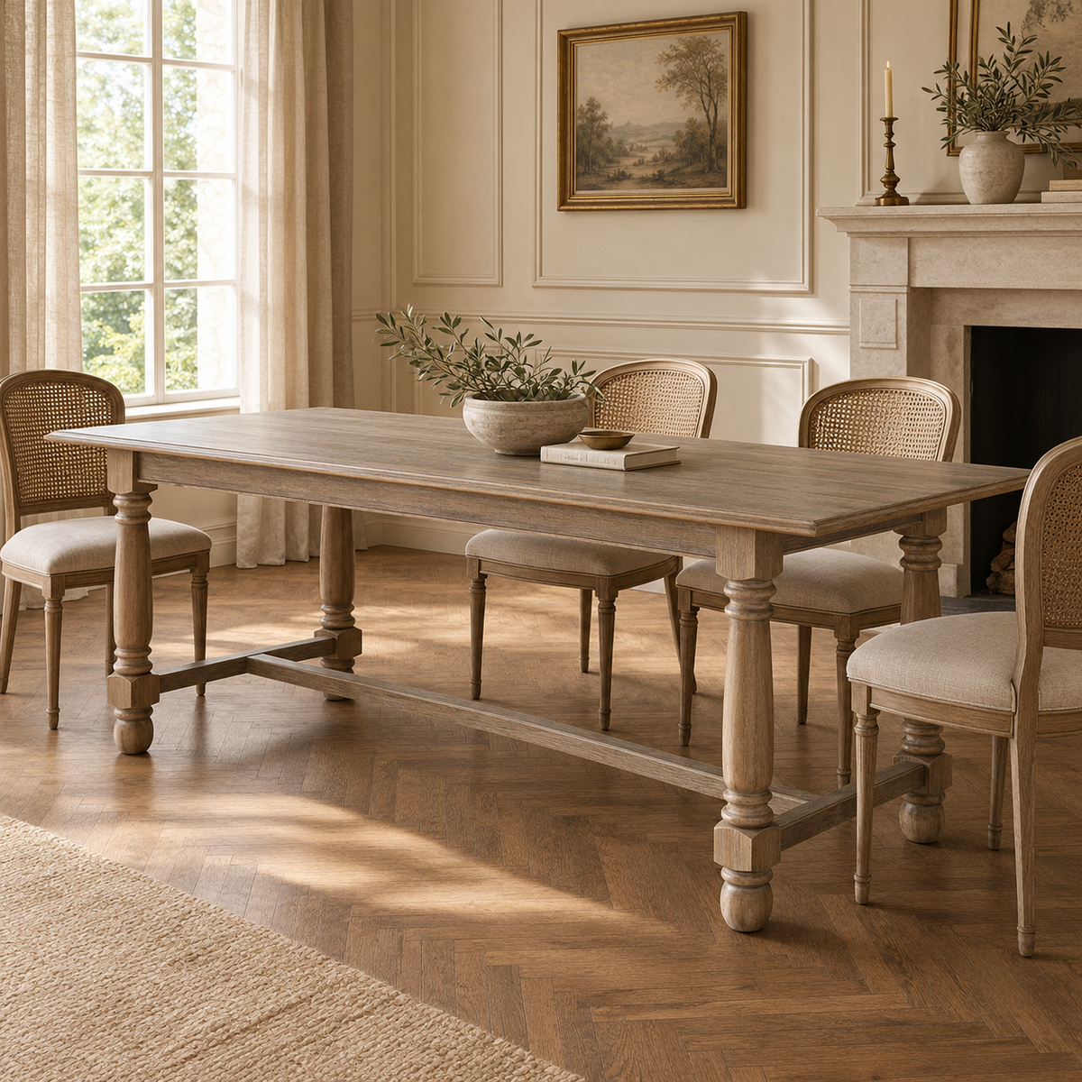 Laurent 200cm brown wood dining table with turned legs in a sunlit dining room with fireplace and wood floor.