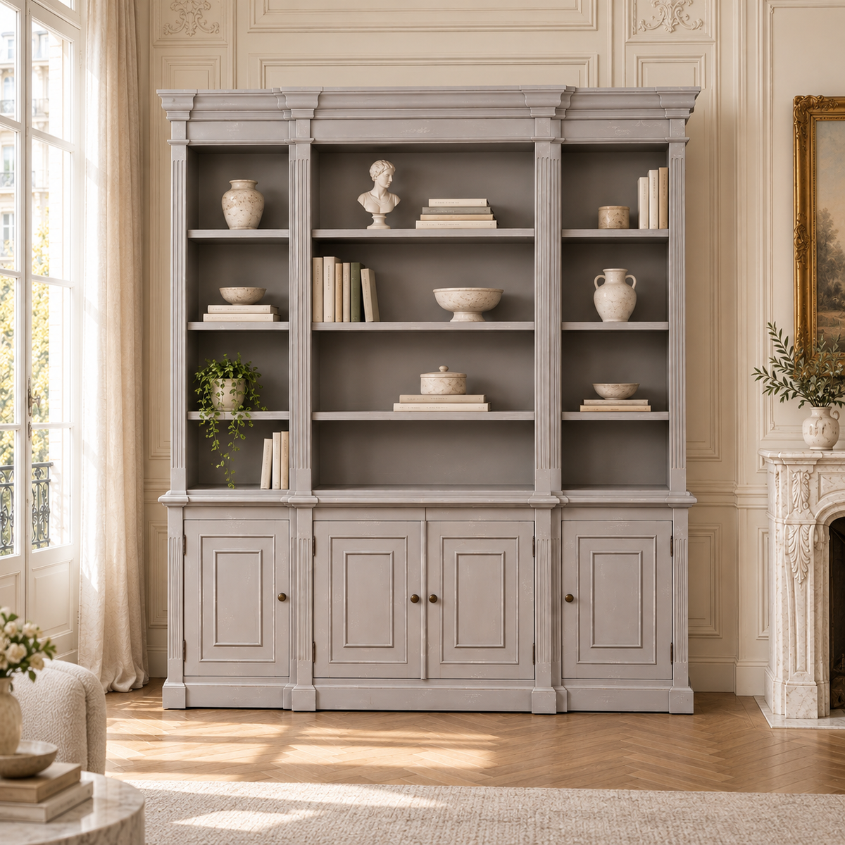 Laurent 200cm distressed mahogany bookcase with shelves in a Parisian living room with fireplace and wood floor