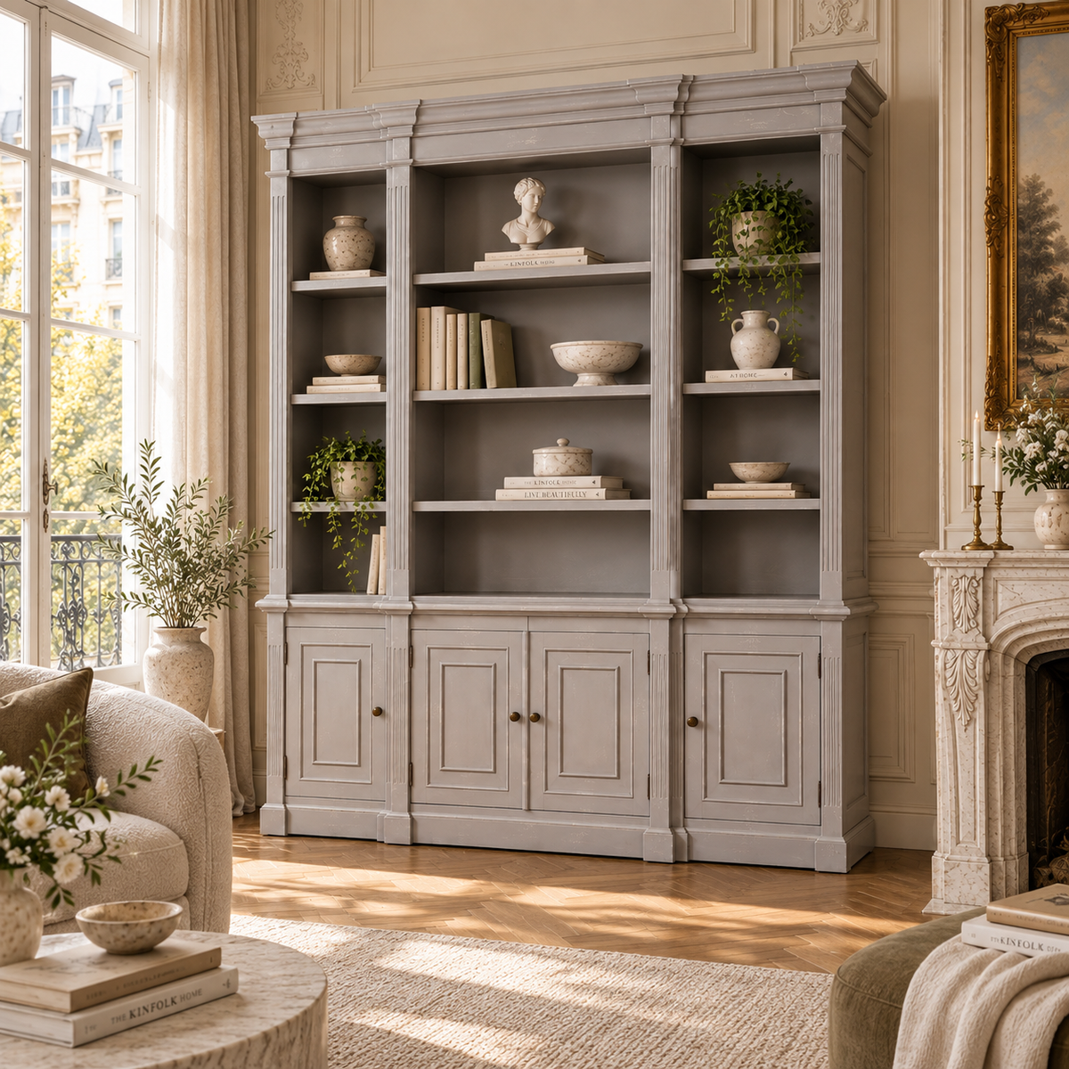 Laurent distressed mahogany bookcase display cabinet in a Parisian living room with fireplace, rug and tall windows