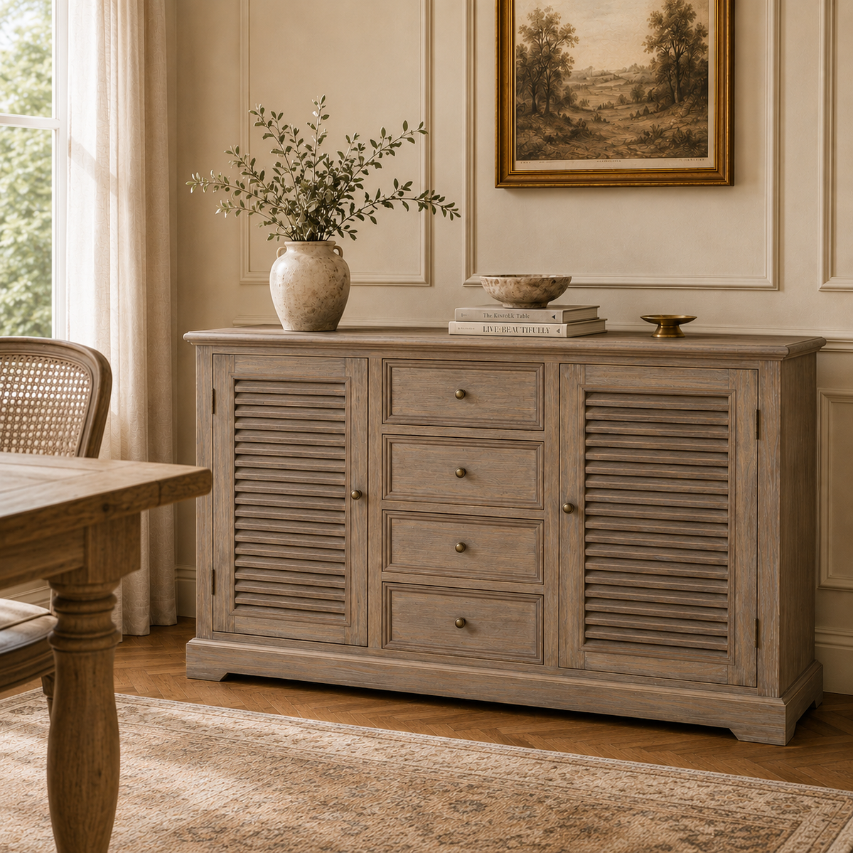 Laurent large wood dresser cabinet with 2 louvred doors and 4 drawers in a warm elegant dining room.