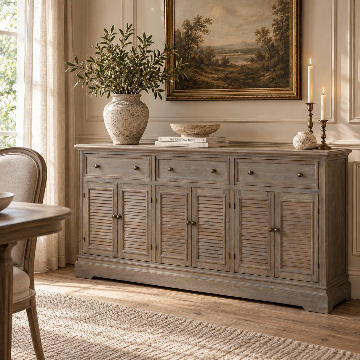 Laurent large wood dresser cabinet with 6 louvred doors and 3 drawers in a sunlit dining room with artwork and greenery