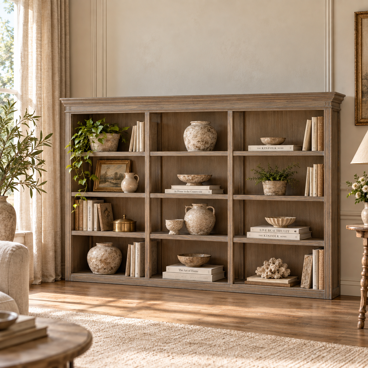 Laurent large wood open display shelving unit styled with books, ceramics and plants in a warm sunlit living room
