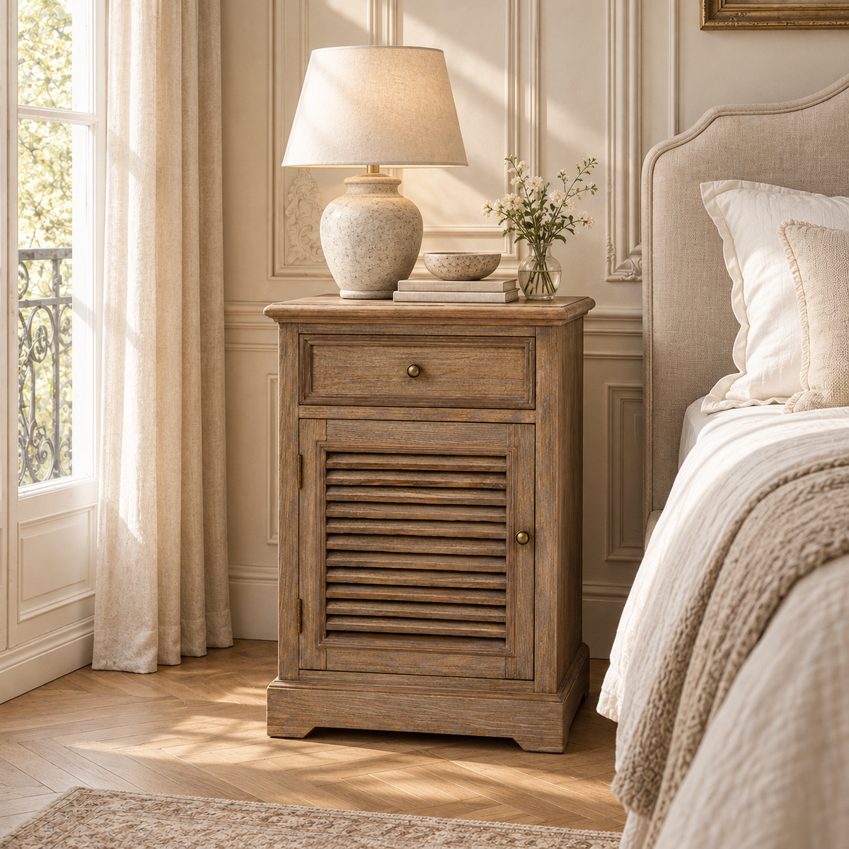 Laurent wood storage chest with 1 drawer and louvred door beside a beige bed in a warm sunlit bedroom.
