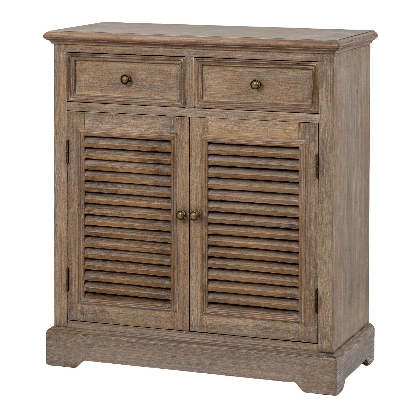 Angled front view of the Laurent Wood Storage Chest with 2 Doors & 2 Drawers showcasing its natural wood finish, twin louvred cupboard doors, two upper drawers, spacious internal storage and classic rustic cabinet design.