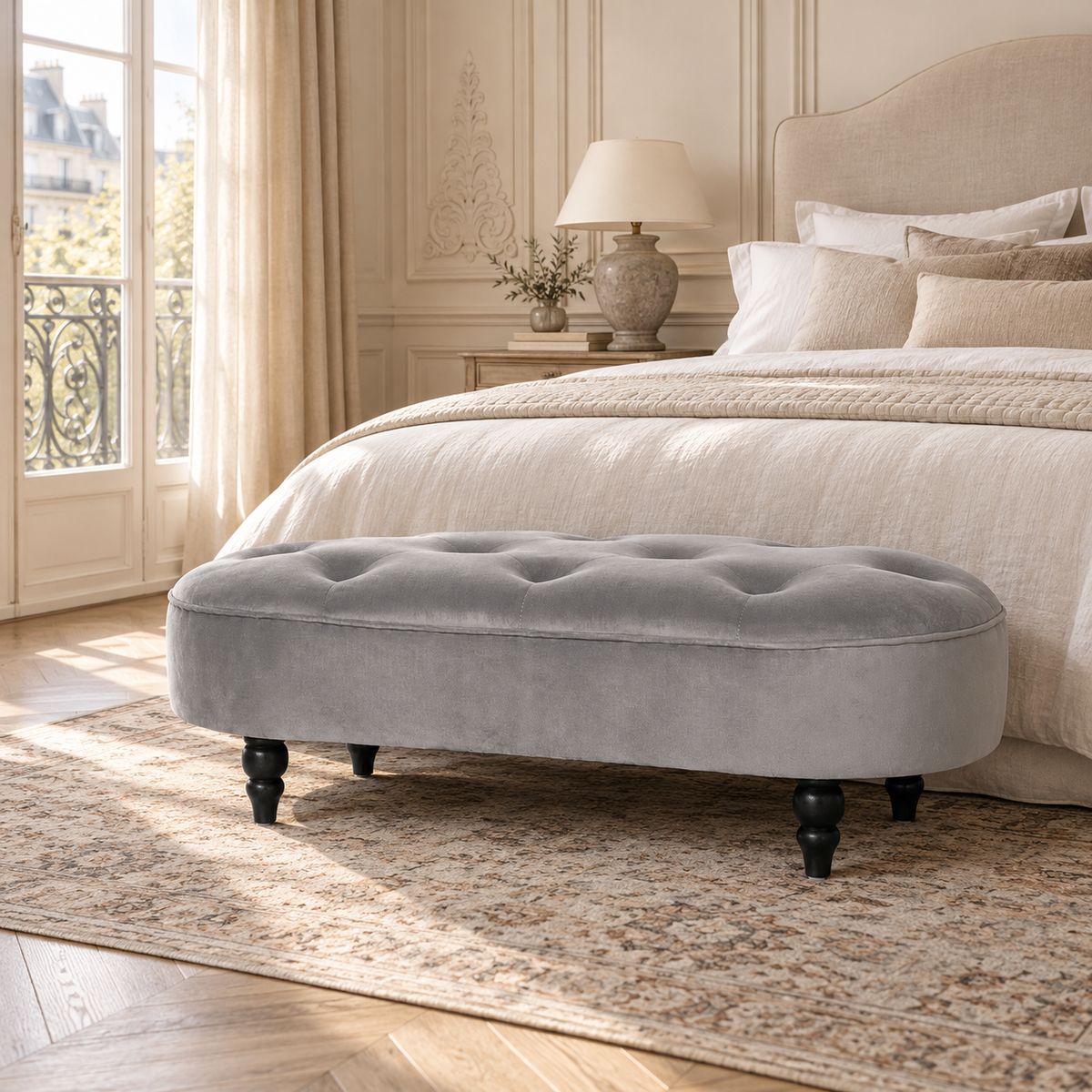 Lucien grey velvet bedroom bench with black legs at the foot of a bed in a sunlit neutral bedroom.