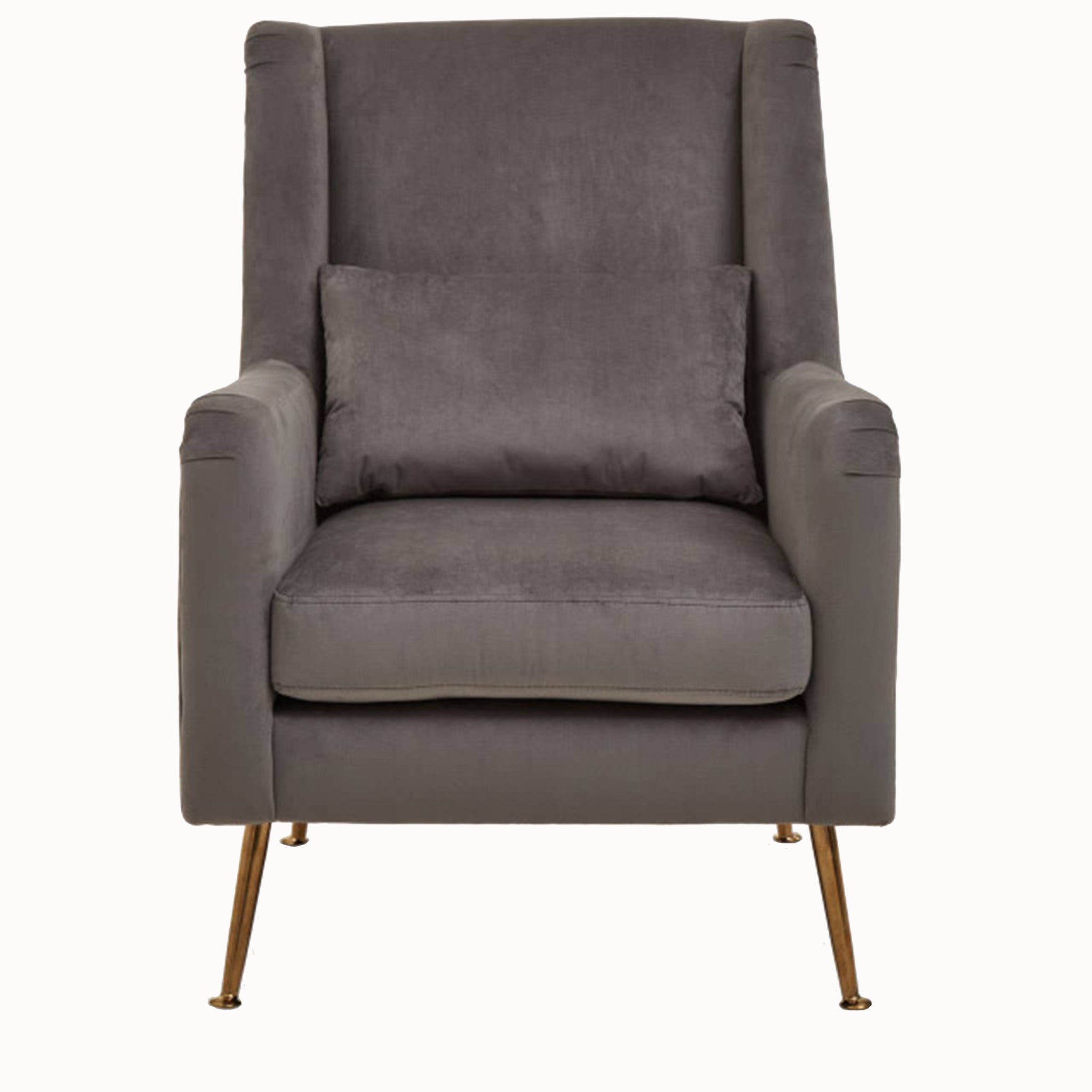 Front view of the Lucien Grey Velvet High-Back Accent Chair with Angular Gold Legs featuring soft grey velvet upholstery, supportive high-back design, matching scatter cushion and sleek contemporary silhouette.
