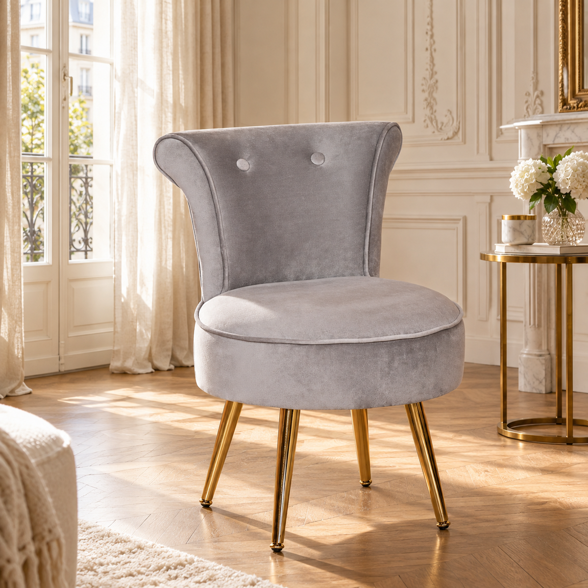 Light grey velvet accent bedroom chair with gold legs in a sunlit cream bedroom with side table and wood floor.