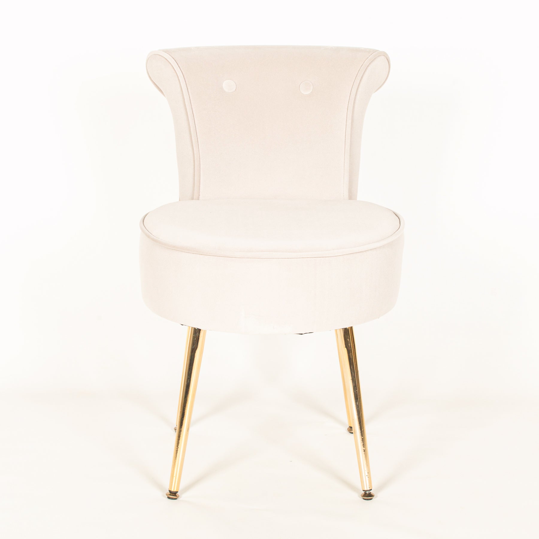 Front view of the Lucien Light Grey Velvet Accent Bedroom Chair with Gold-Plated Legs showcasing luxurious light grey velvet upholstery, curved wraparound backrest, button detailing and sleek contemporary design.