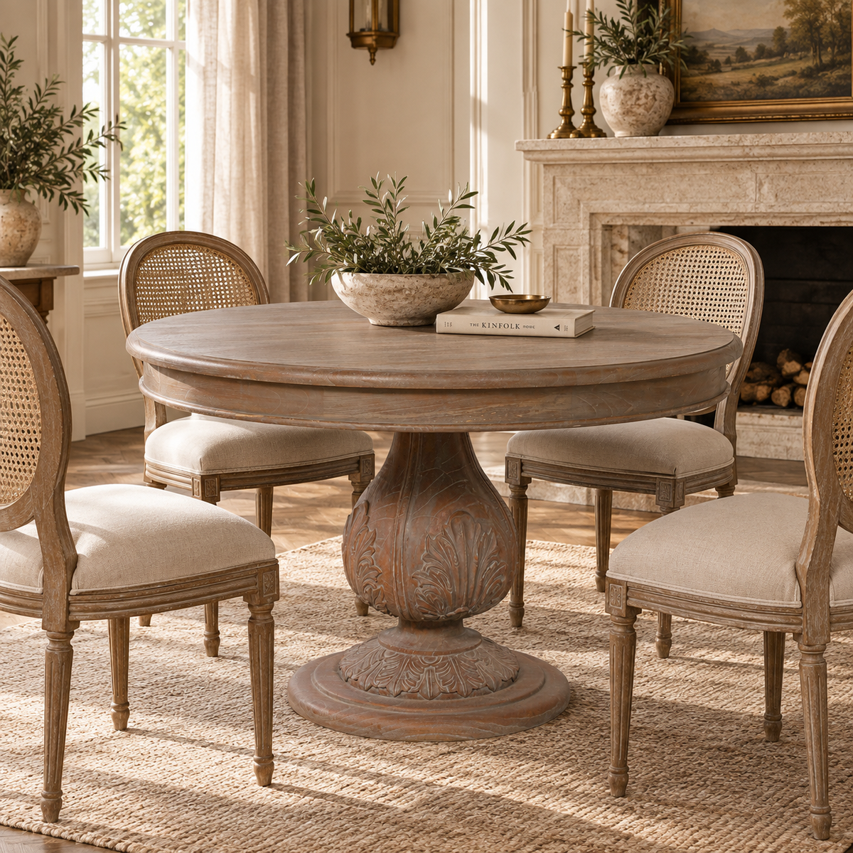 120cm round reclaimed cedar wood dining table for 4 with acorn pedestal in a sunlit room with cane chairs and fireplace.