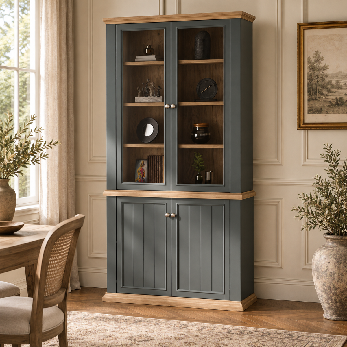 Montclair tall grey and oak effect glazed display cabinet in a warm neutral dining room with panelled walls.