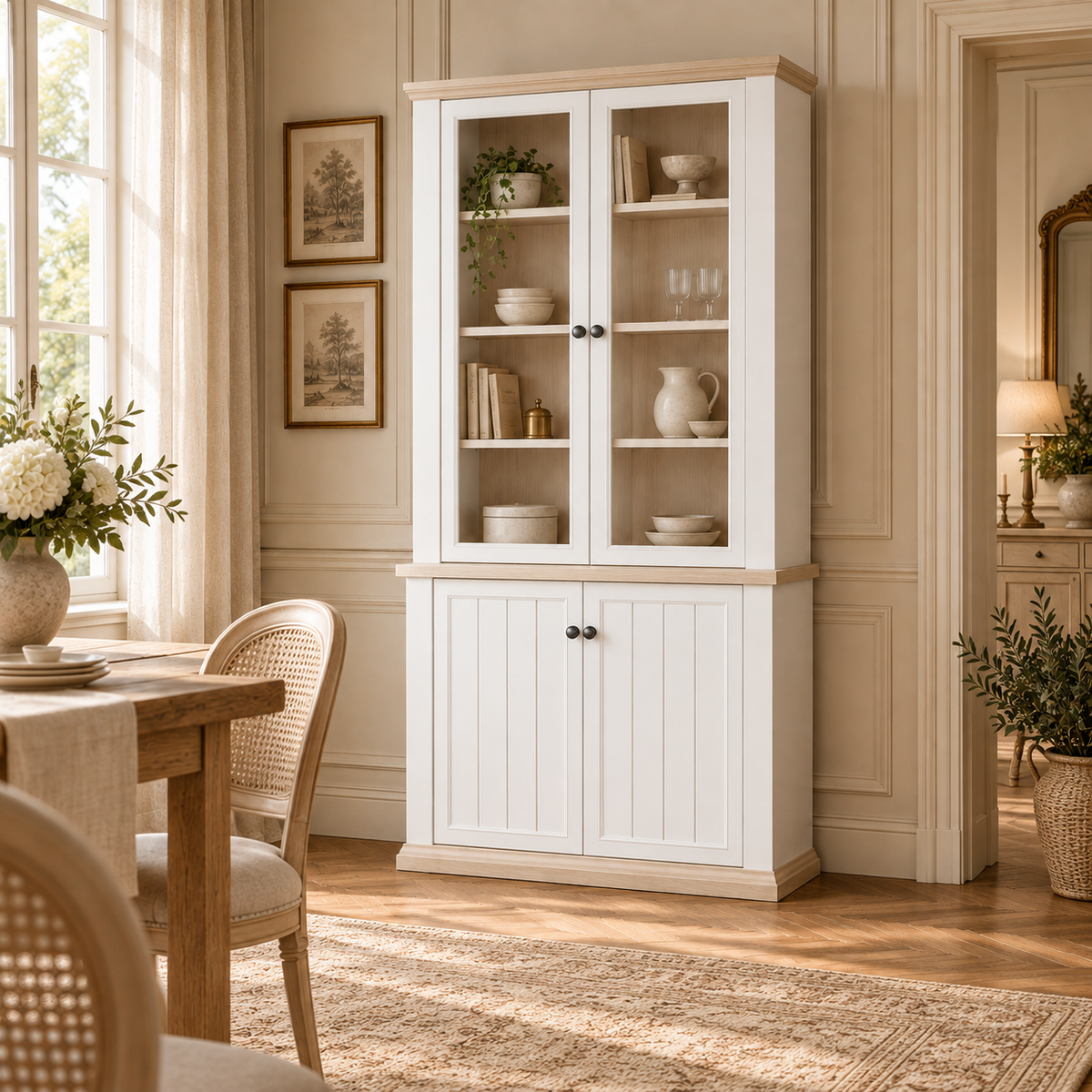 Montclair 4 door white and oak effect display cabinet with glazed doors in a warm country dining room with oak table.