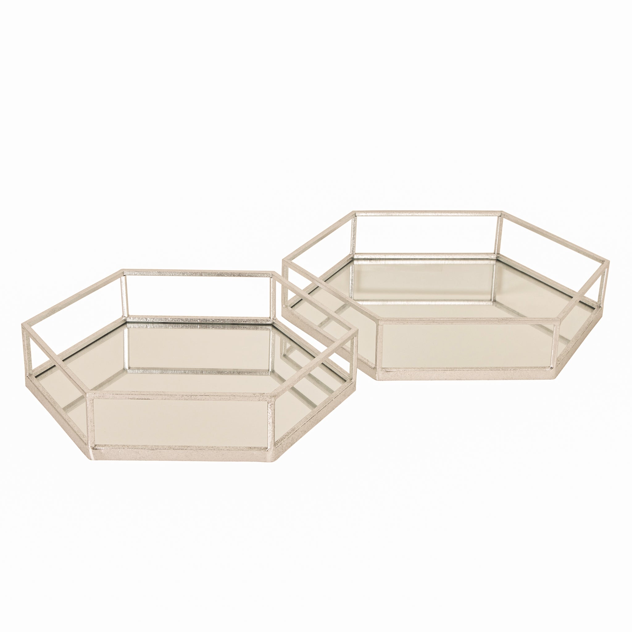 Noé silver metal and glass hexagon tray set including two matching mirrored decorative trays with geometric silver frames, ideal for coffee tables, console tables, dressing tables and luxury home décor.