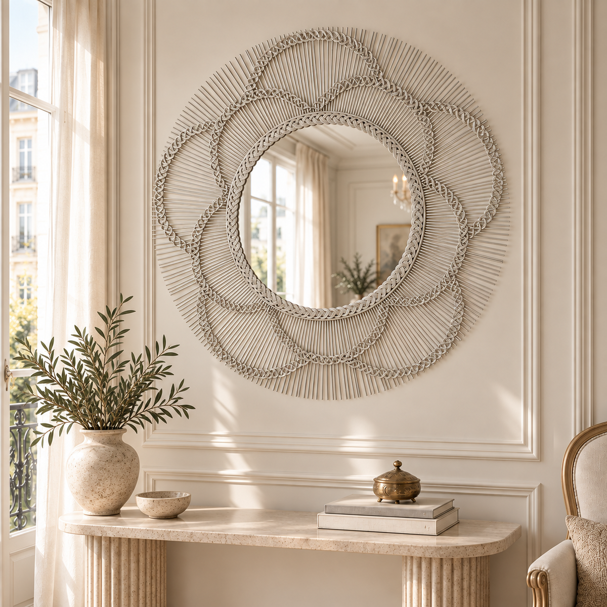 Odette 81cm round silver floral wall mirror with petal frame above a console in a bright Parisian room with window.