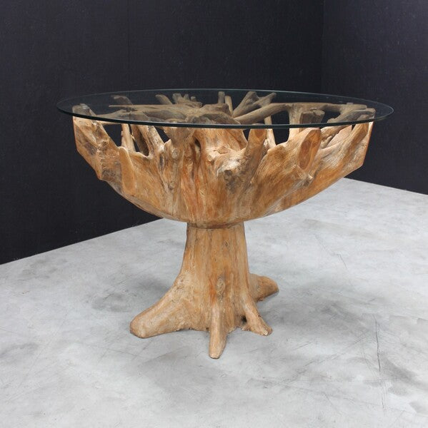 Teak Root 1.3m Round Dining Table With Glass Top