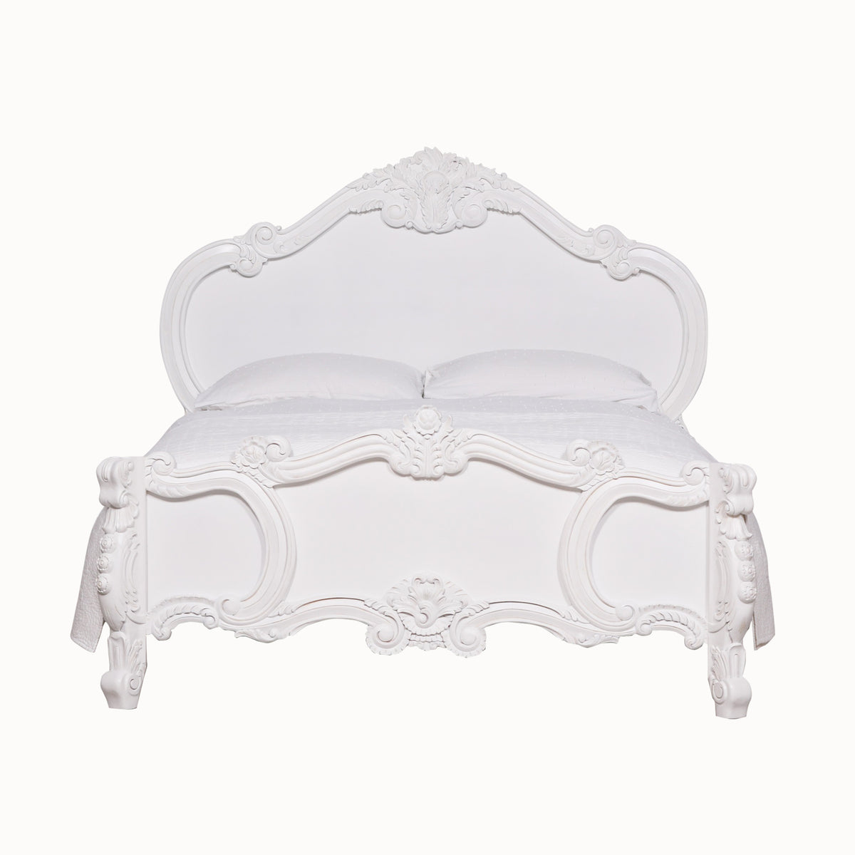 Front view of Rosalie French Rococo 5FT king size bed frame in light painted white with curved headboard, ornate footboard and hand-carved rose cherub detailing