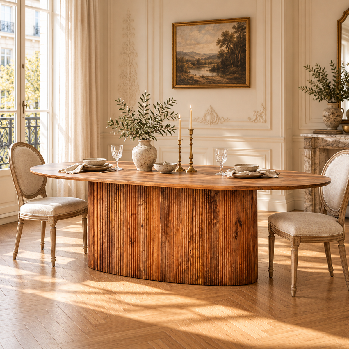 Sabine oval mango wood dining table for 8–10 with ribbed base in a sunlit dining room with upholstered chairs.