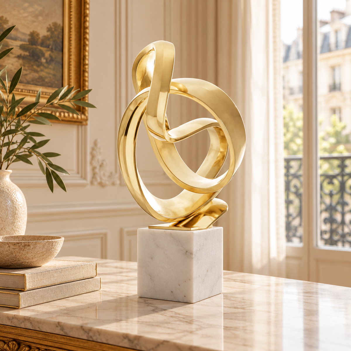 Séverin 34cm gold aluminium abstract knot sculpture on white marble base in a sunlit Parisian interior.