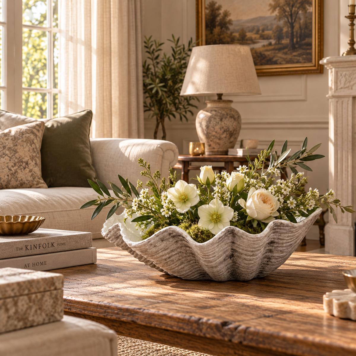 Solange white ceramic shell bowl filled with flowers on a rustic coffee table in a warm living room.
