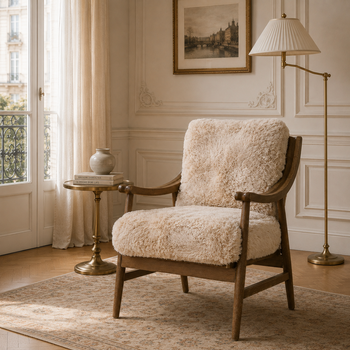 Struan natural upholstered oak accent chair in a Parisian room with panelled walls, brass lamp and patterned rug