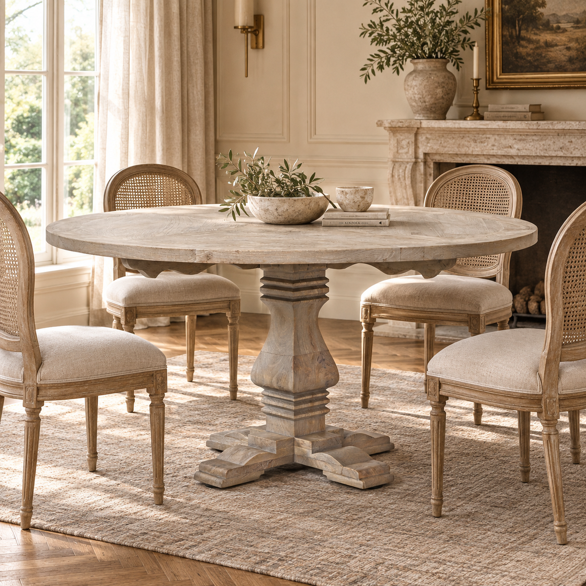 151.5cm round rustic white dining table for 6 with pedestal base, cane chairs and stone fireplace behind.