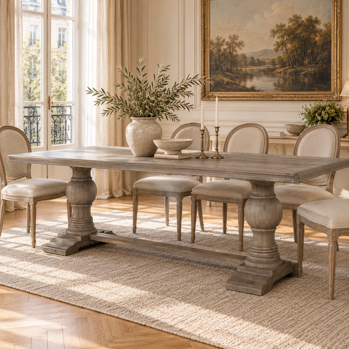 Théodore 240cm rustic mango wood dining table for 10–12 in a bright dining room with rug, tall windows and artwork.