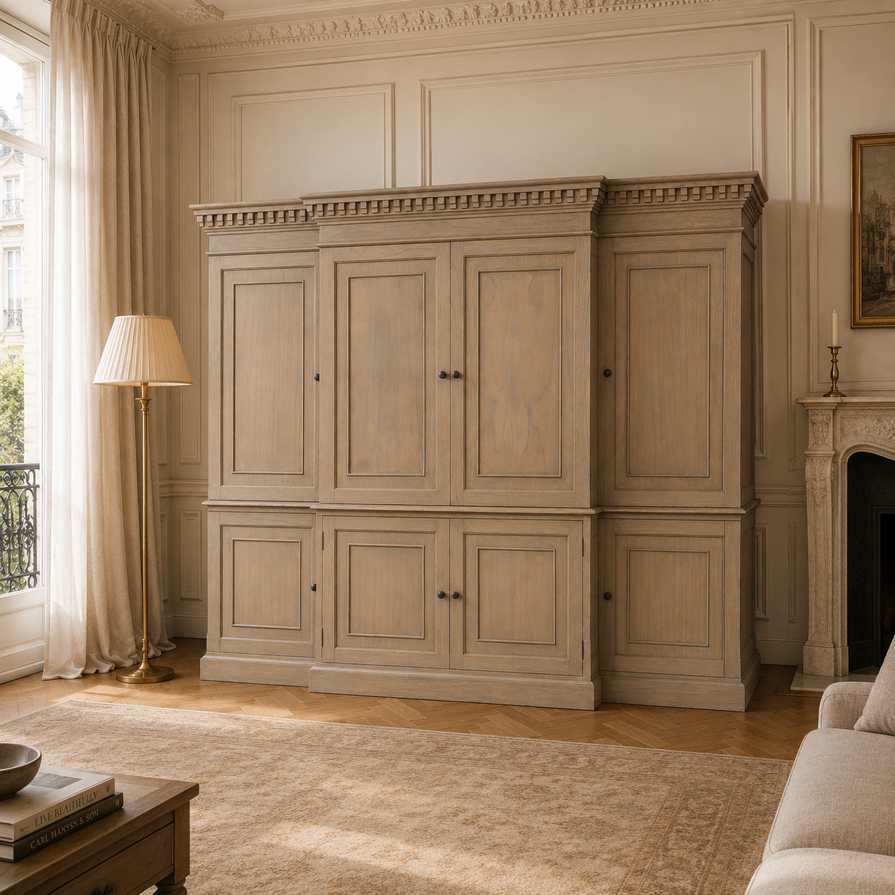 Théodore extra large rustic white cedar TV cabinet closed in a Parisian living room with fireplace and panelled walls.