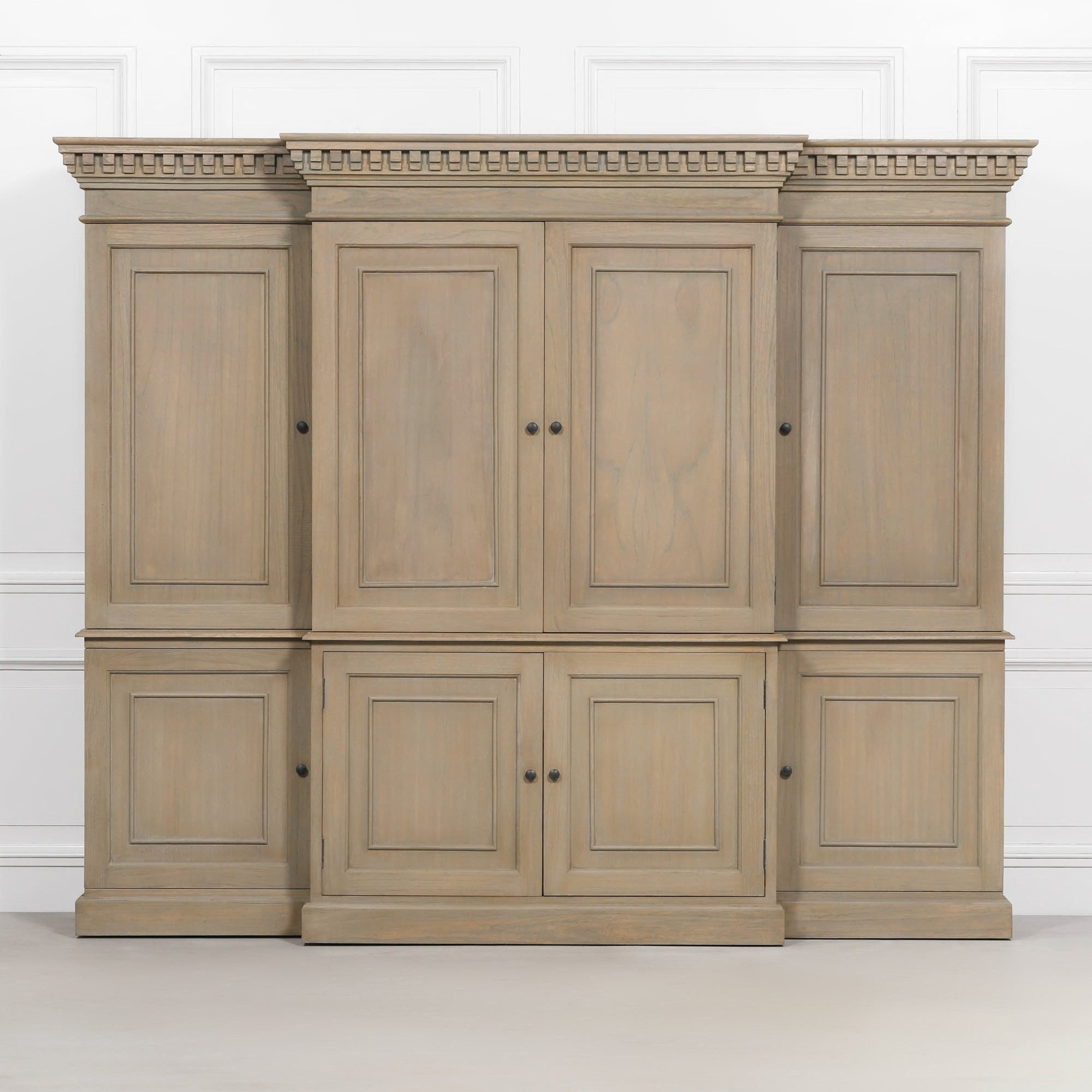 Front view of the Théodore Extra Large Triple Breakfront TV Cabinet in Rustic White Cedar Wood featuring triple breakfront construction, six cupboard doors, generous concealed storage and timeless rustic craftsmanship.